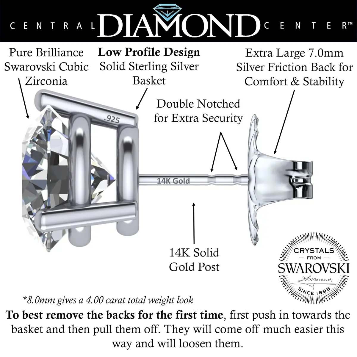 Central Diamond Center 14K Gold Post Martini Stud Earrings 8.00mm 4.00cttw | Hypoallergenic Diamond Look - view 2