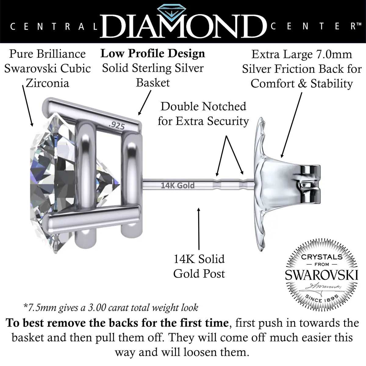 Central Diamond Center 14K Gold Post Martini Stud Earrings 7.50mm | Platinum Plated & 3.00cttw - view 2