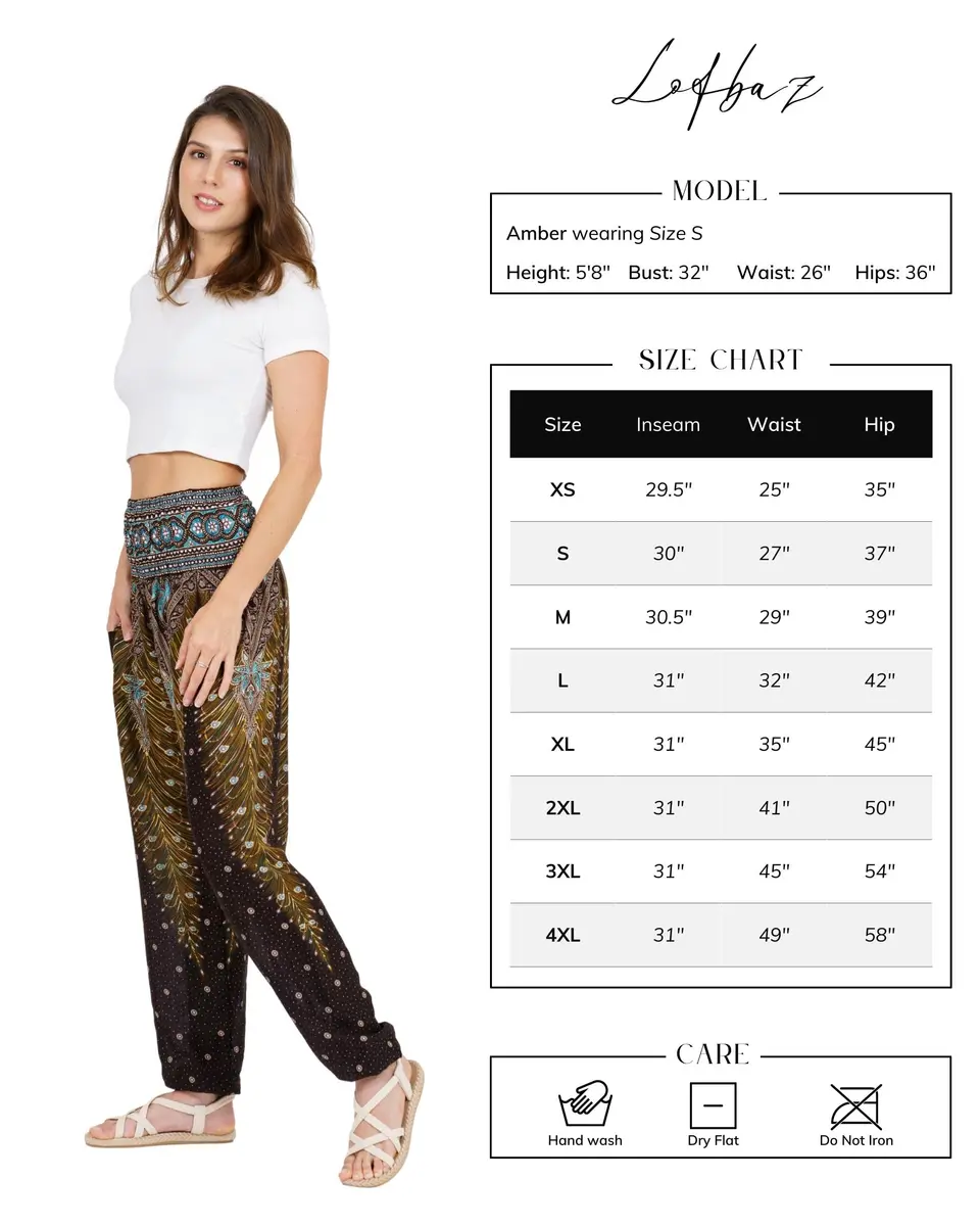 LOFBAZ Harem Pants for Women Yoga Boho Hippie Clothing | Flowy Rayon, Brown Peacock, Size M - view 5