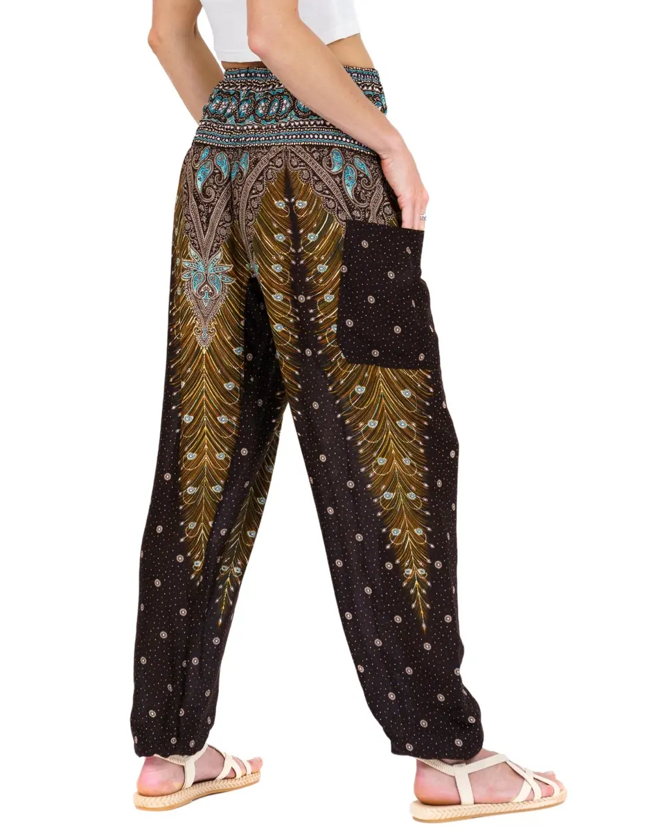 LOFBAZ Harem Pants for Women Yoga Boho Hippie Clothing | Flowy Rayon, Brown Peacock, Size M - view 2