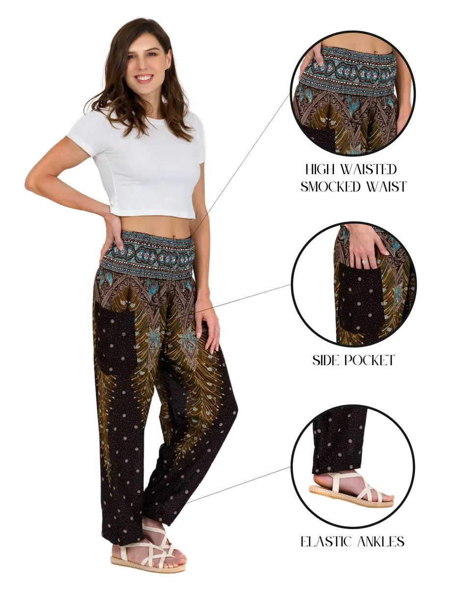 LOFBAZ Harem Pants for Women Yoga Boho Hippie Clothing | Flowy Rayon, Brown Peacock, Size M - view 3