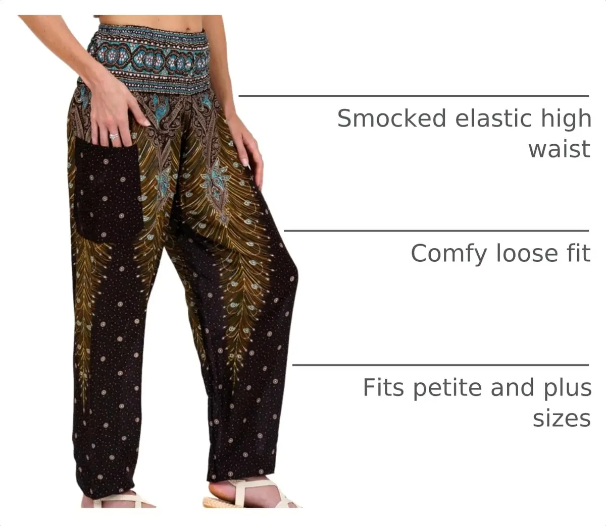 LOFBAZ Harem Pants for Women Yoga Boho Hippie Clothing | Flowy Rayon, Brown Peacock, Size M - view 4