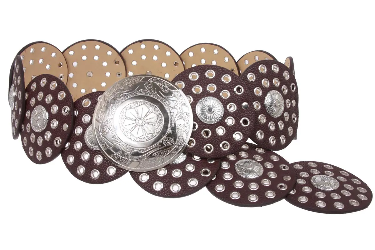 Beltiscool Women's Boho Disc Concho Leather Belt 3.5" Wide Brown | Stylish Cowgirl Accessory - main product image