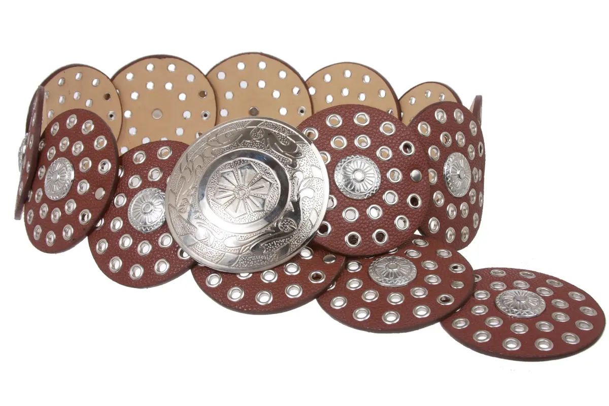 Beltiscool Women's 3 1/2" (90 mm) Wide Boho Disc Concho Leather Belt, Tan | Stylish Cowgirl Accessory - main product image