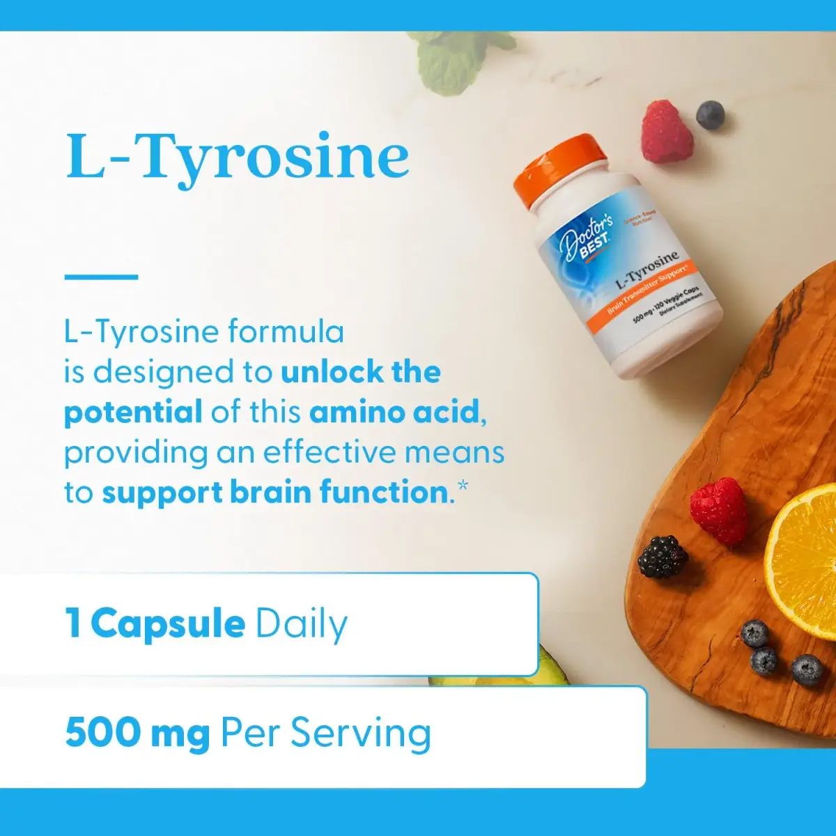 Doctor's Best L-Tyrosine 500mg Capsules | Brain Support for Adults, Amino Acid Precursor for Thyroxine Production - view 2
