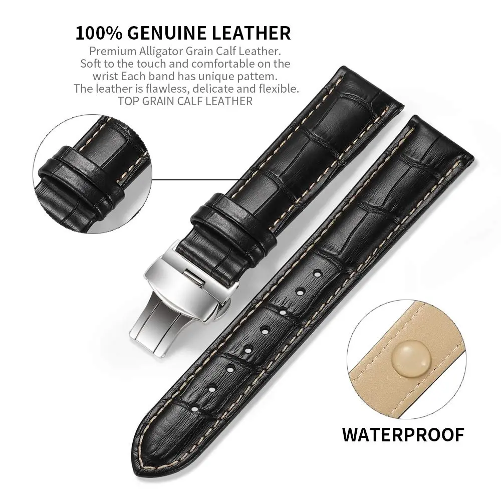 iStrap 22mm Leather Watch Band with Deployment Clasp | Classic Alligator Grain Calfskin Replacement Strap for Men & Women - view 4