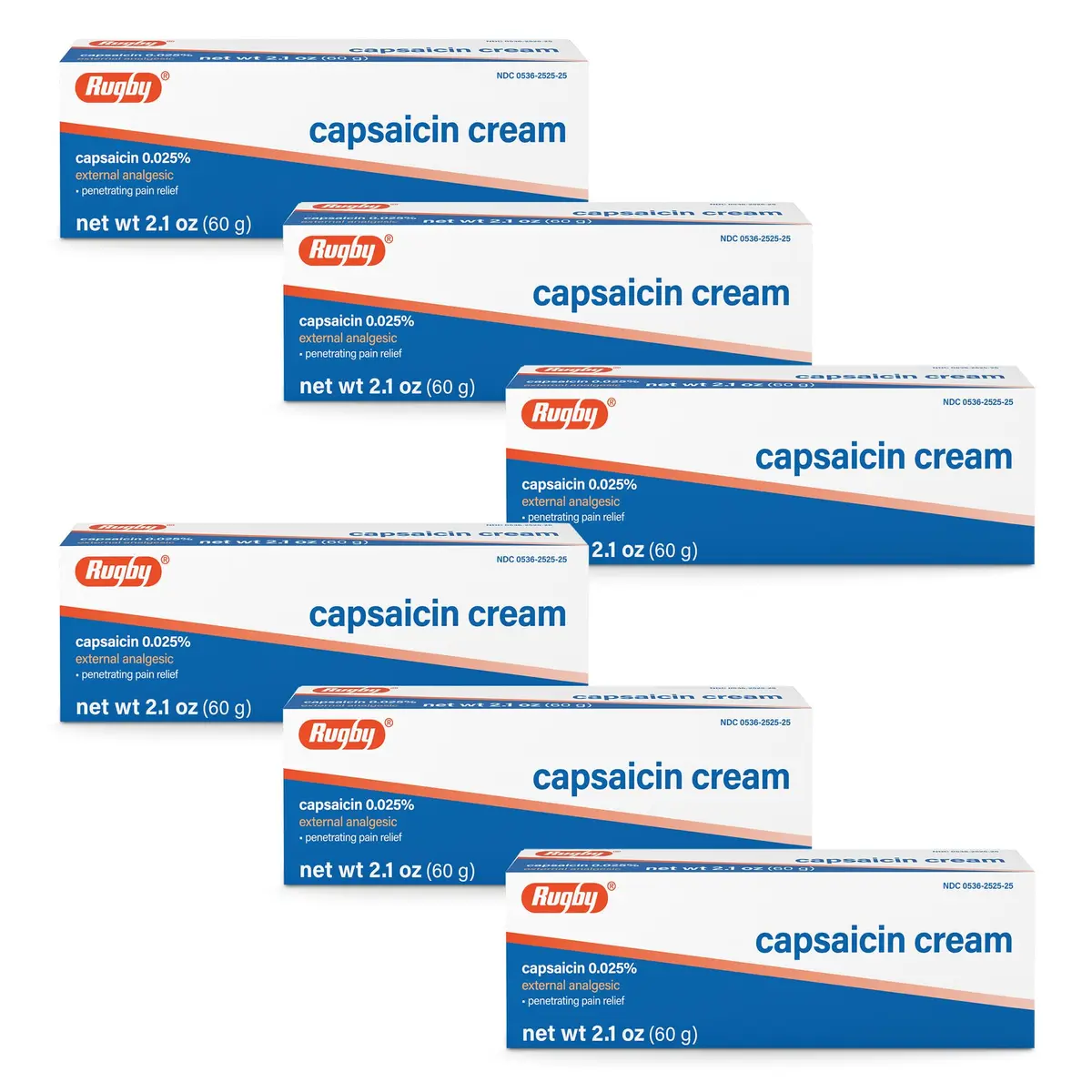 Rugby Capsaicin Cream 0.025% | Pain Relief for Muscles & Joints, 2.1 oz (60 g) (6-Pack) - main product image