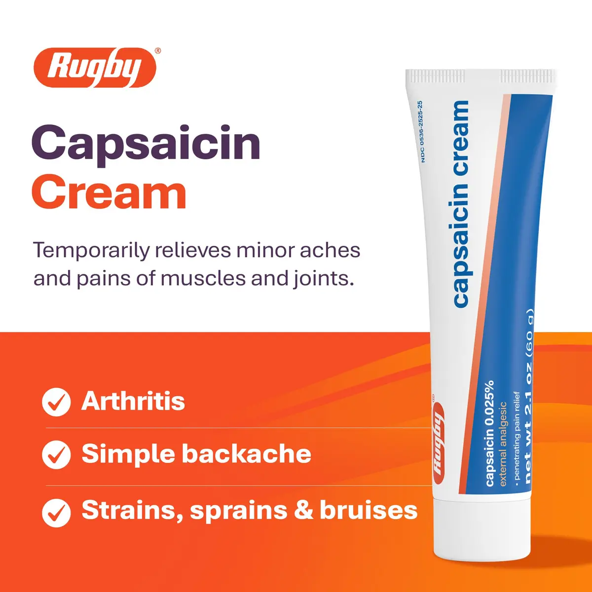 Rugby Capsaicin Cream 0.025% | Pain Relief for Muscles & Joints, 2.1 oz (60 g) (6-Pack) - view 3