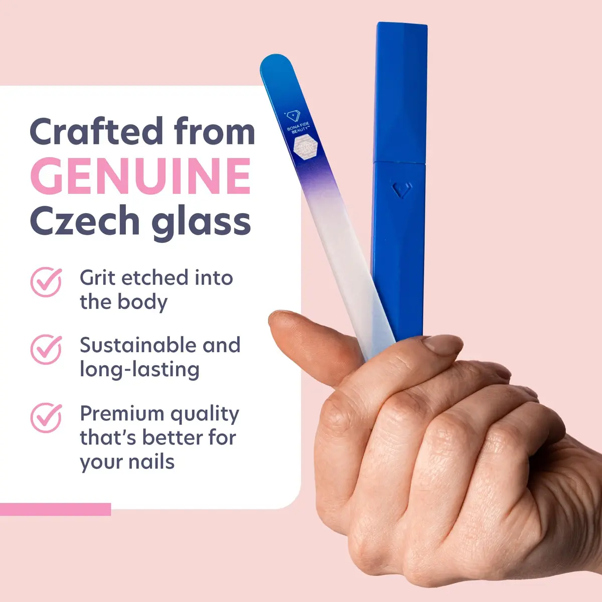 BONA FIDE BEAUTY Glass Nail File with Case (Aqua Cobalt) | Czech Handmade Fine Grit Nail Tool - view 3