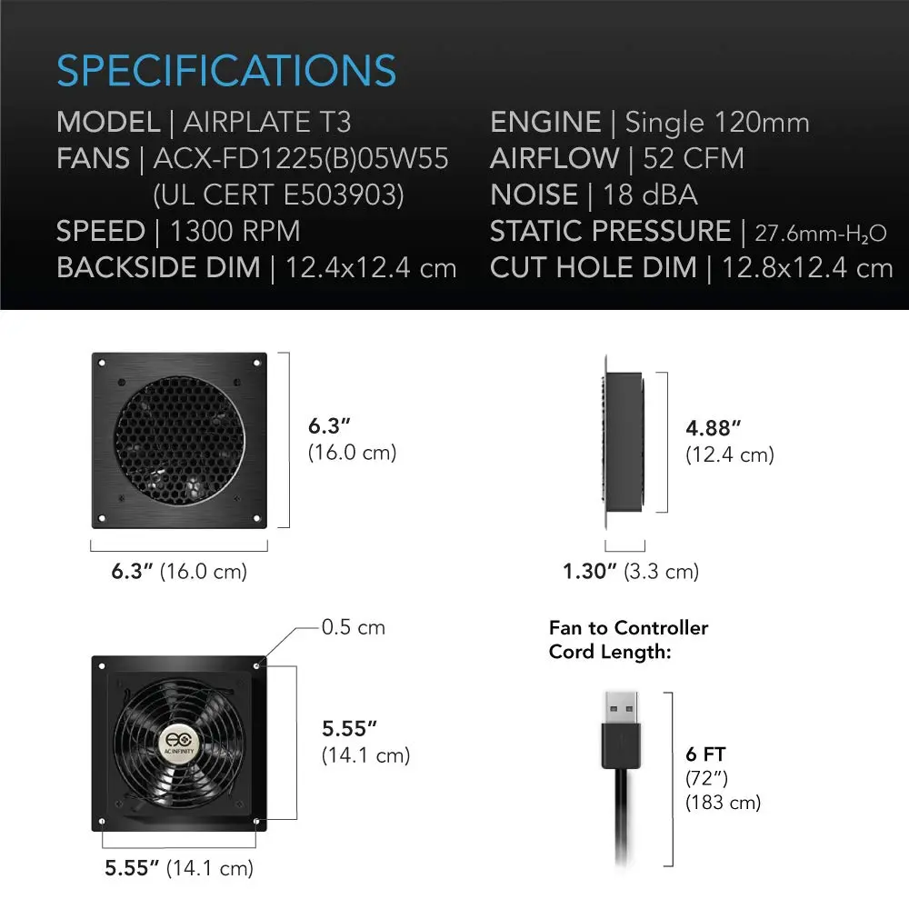 AC Infinity AIRPLATE T3 Quiet Cabinet Cooling Fan System 6" (16cm) with Smart Controller | 52 CFM Airflow, 18 dBA Noise, Dual Ball Bearings - view 6