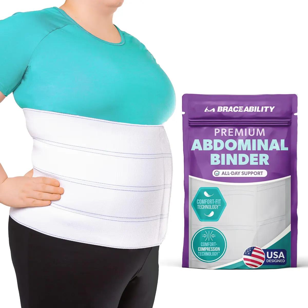 BraceAbility Plus Size Abdominal Binder for Post Surgery Recovery - Bariatric Stomach Hernia Belt, Post Partum Waist Binder, Diastasis Recti Obese Belly Support Band for Big Men and Women (4XL 12") | Comfortable Post-Op Support - main product image
