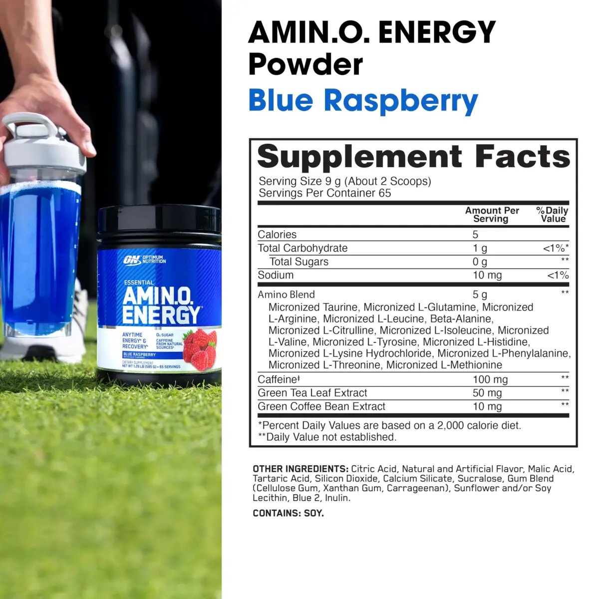 Optimum Nutrition Amino Energy Blue Raspberry Powder | 5g Amino Blend, 100mg Caffeine, 65 Servings (20.6 oz / 584 g) - view 3