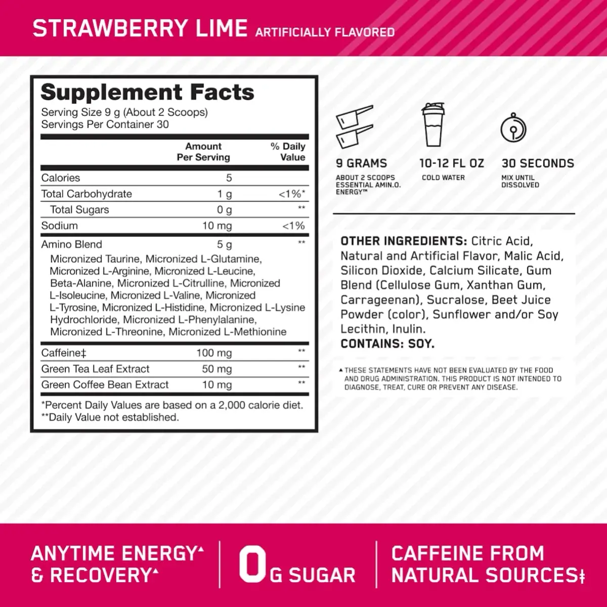 Optimum Nutrition Essential Amino Energy Powder, Strawberry Lime, 270 g (9.5 Oz) | Amino & Energy Blend - view 2