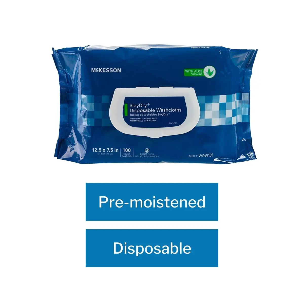 McKesson Staydry Disposable Washcloths with Aloe 100 Count | Pre-moistened, Aloe, Soft Pack, White - view 4