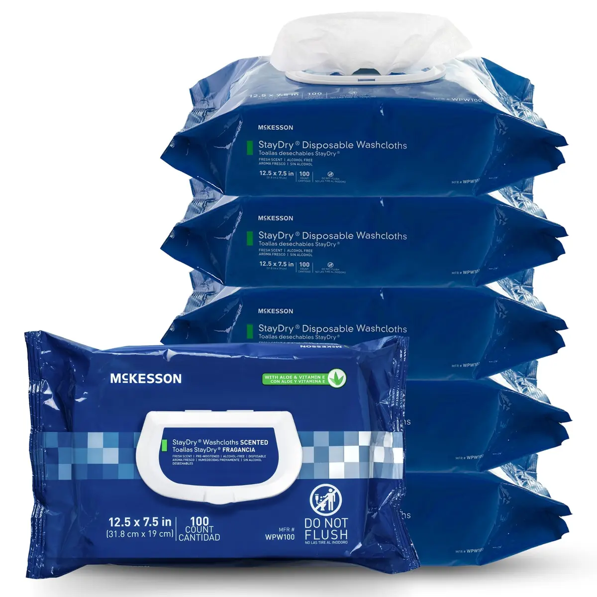 McKesson Staydry Disposable Washcloths with Aloe 100 Count | Pre-moistened, Aloe, Soft Pack, White - main product image
