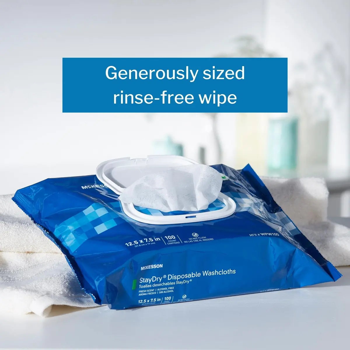 McKesson Staydry Disposable Washcloths with Aloe 100 Count | Pre-moistened, Aloe, Soft Pack, White - view 2