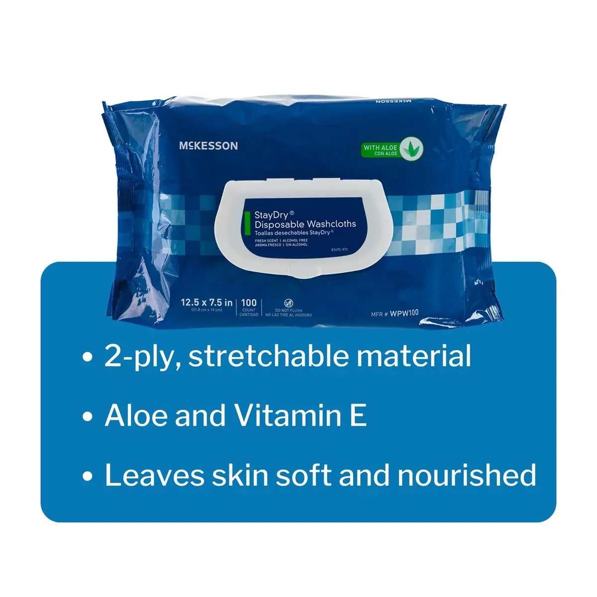 McKesson Staydry Disposable Washcloths with Aloe 100 Count | Pre-moistened, Aloe, Soft Pack, White - view 3
