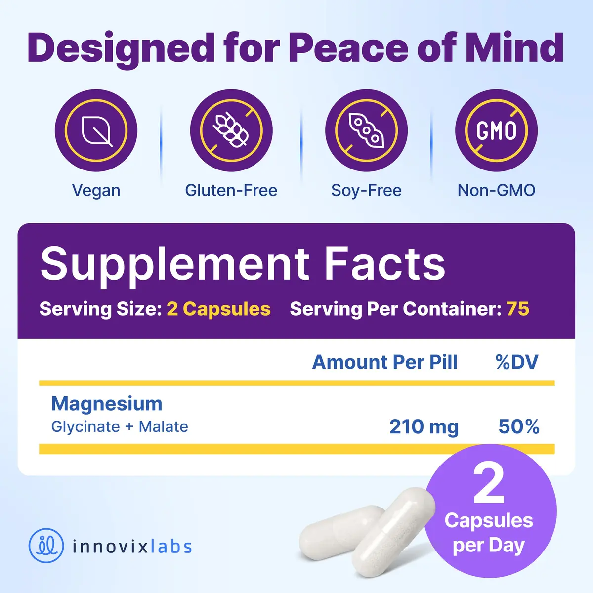 InnovixLabs 2in1 Magnesium Glycinate & Magnesium Malate 210mg | Supports Relaxation & Sleep, Vegan, 150 Capsules - view 3