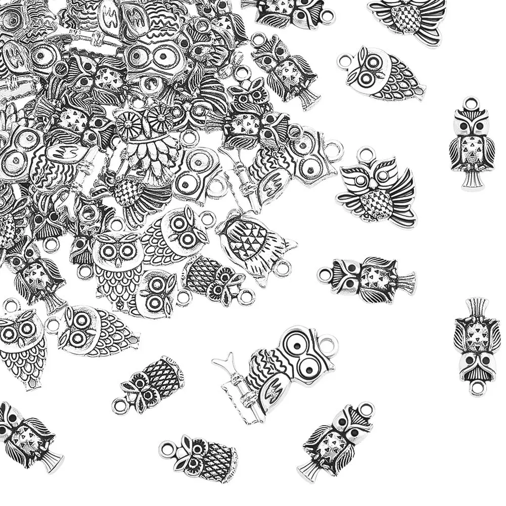 PH PandaHall 50pcs Tibetan Owl Charms Antique Silver | Mixed Style Animal Pendants for Jewelry Making - main product image
