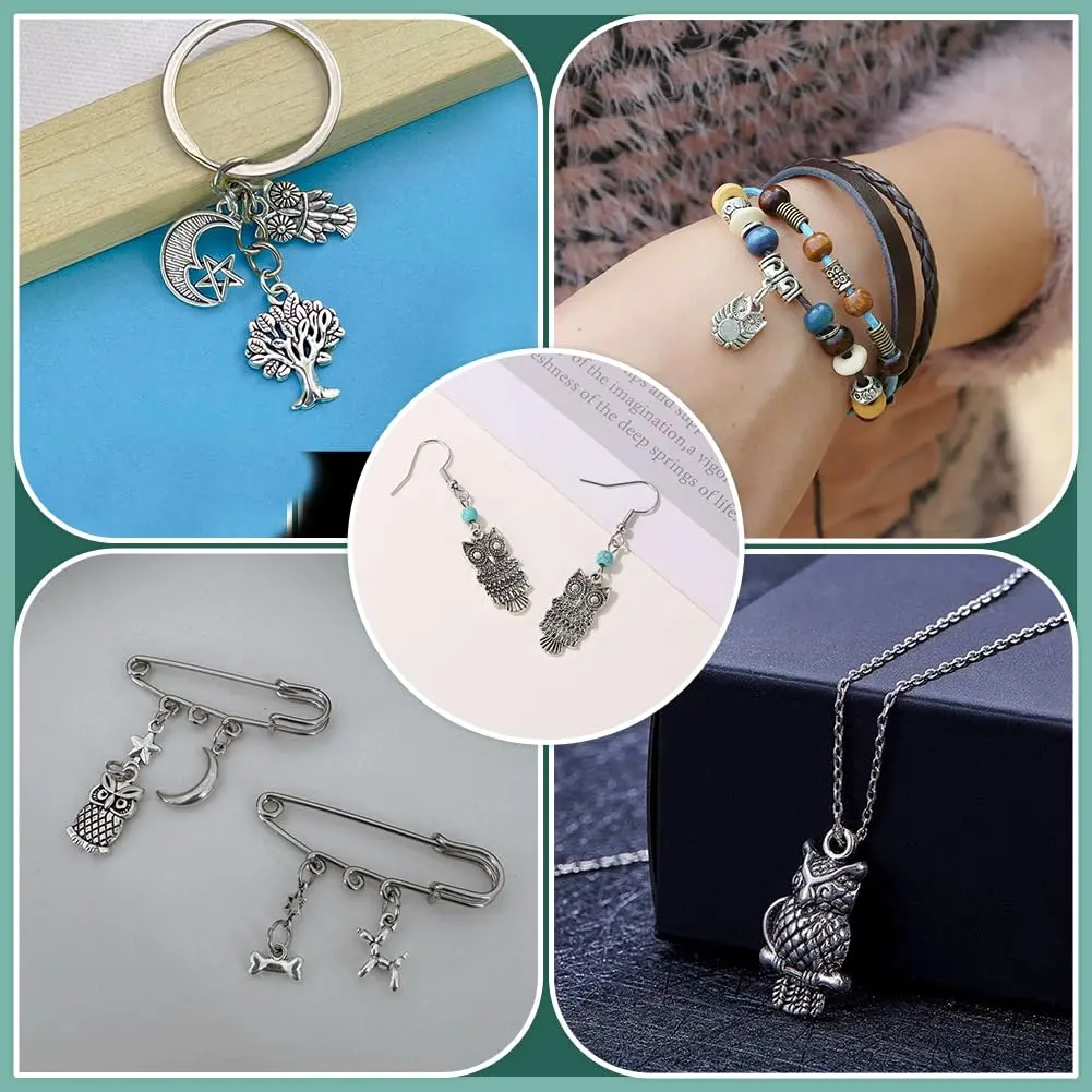 PH PandaHall 50pcs Tibetan Owl Charms Antique Silver | Mixed Style Animal Pendants for Jewelry Making - view 6