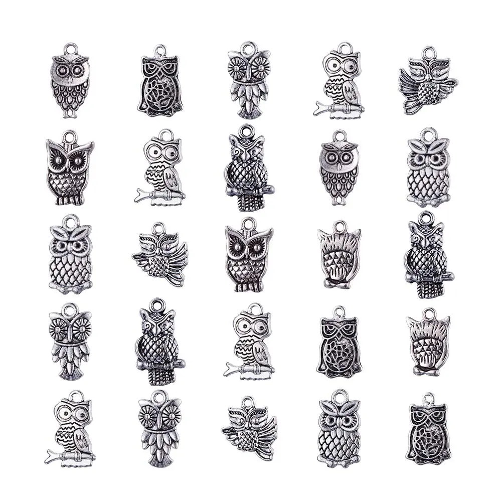 PH PandaHall 50pcs Tibetan Owl Charms Antique Silver | Mixed Style Animal Pendants for Jewelry Making - view 7