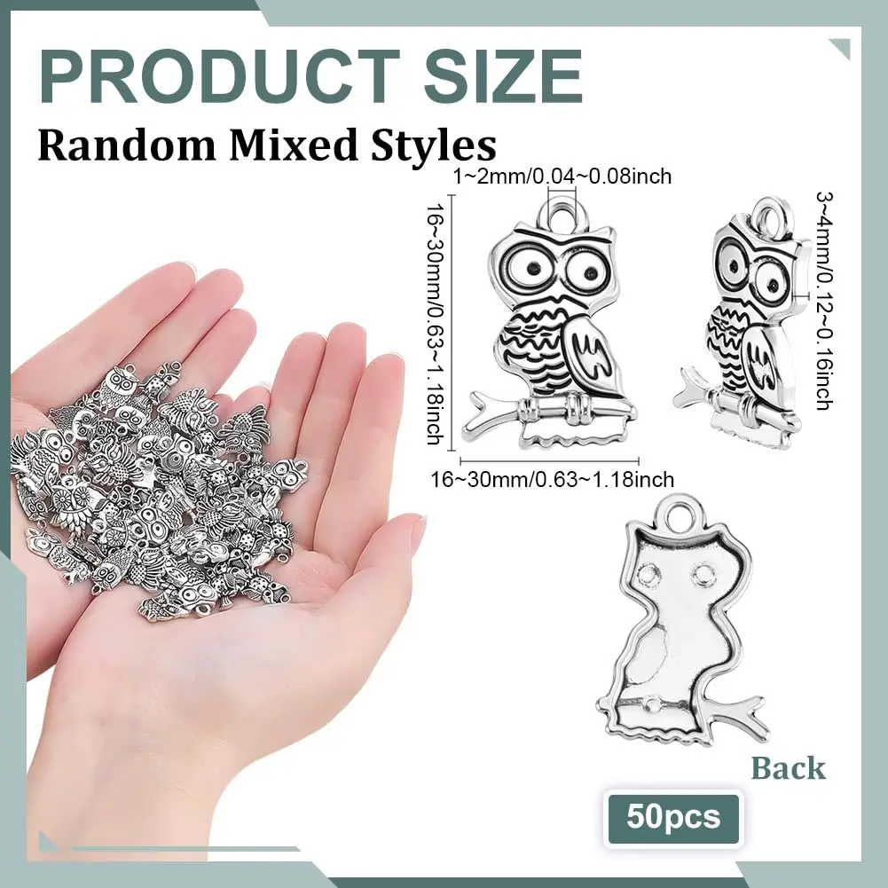 PH PandaHall 50pcs Tibetan Owl Charms Antique Silver | Mixed Style Animal Pendants for Jewelry Making - view 2