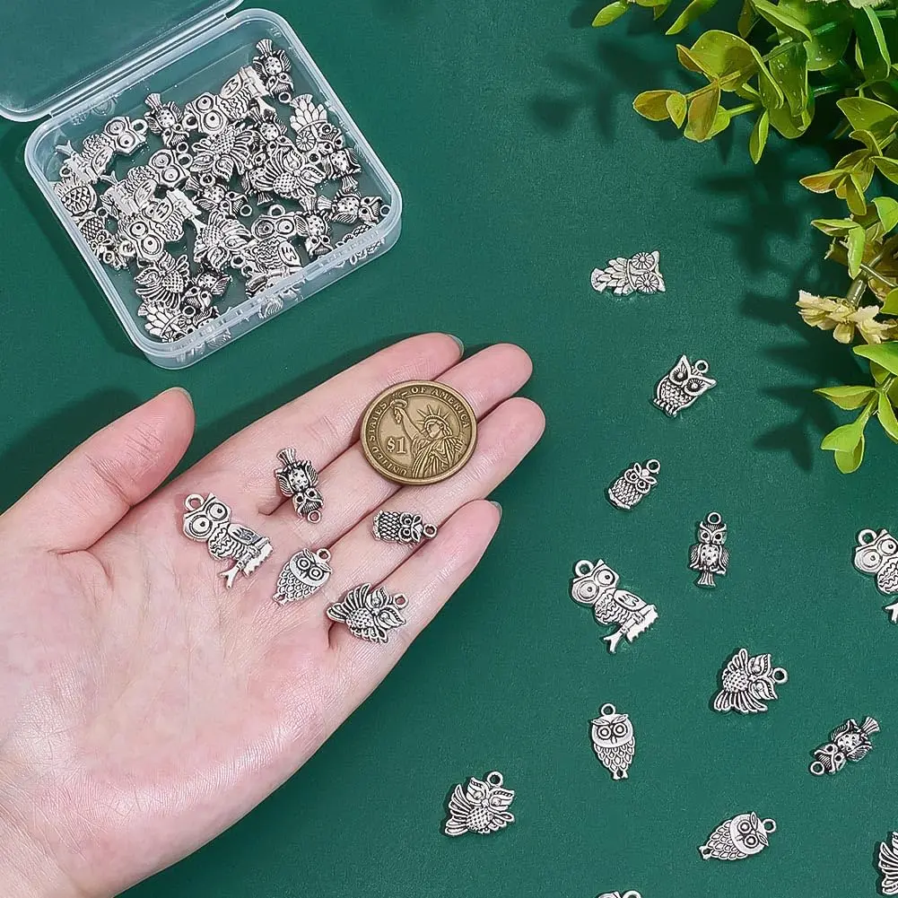 PH PandaHall 50pcs Tibetan Owl Charms Antique Silver | Mixed Style Animal Pendants for Jewelry Making - view 3