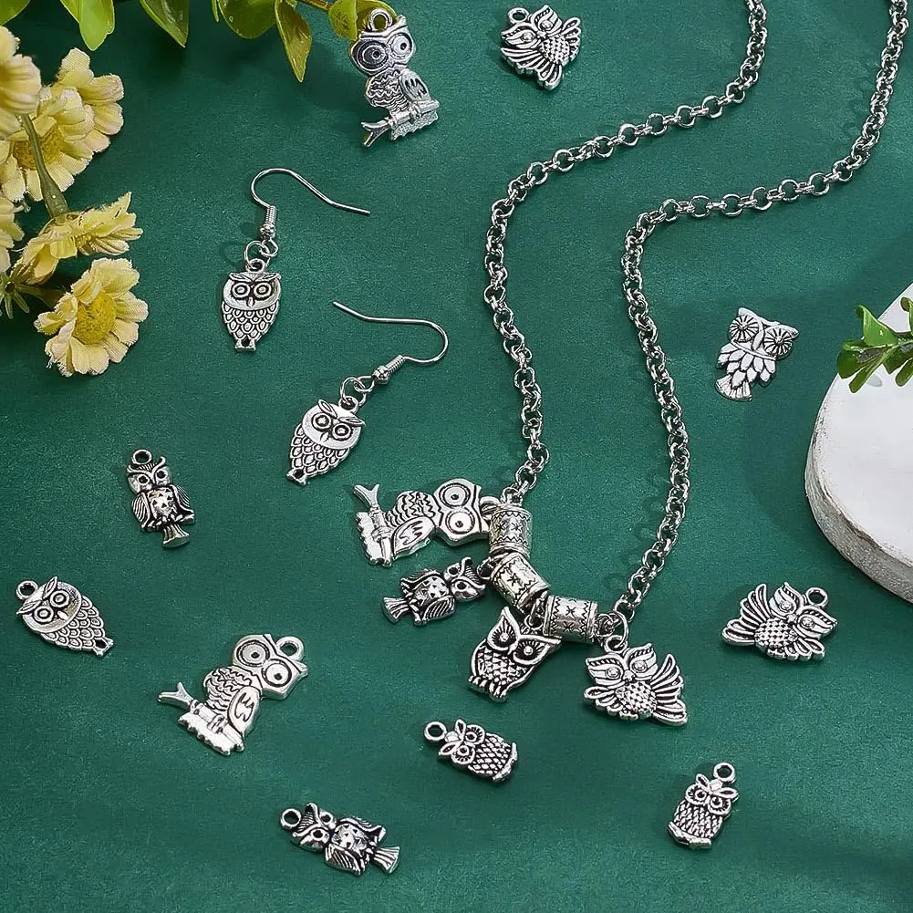 PH PandaHall 50pcs Tibetan Owl Charms Antique Silver | Mixed Style Animal Pendants for Jewelry Making - view 4