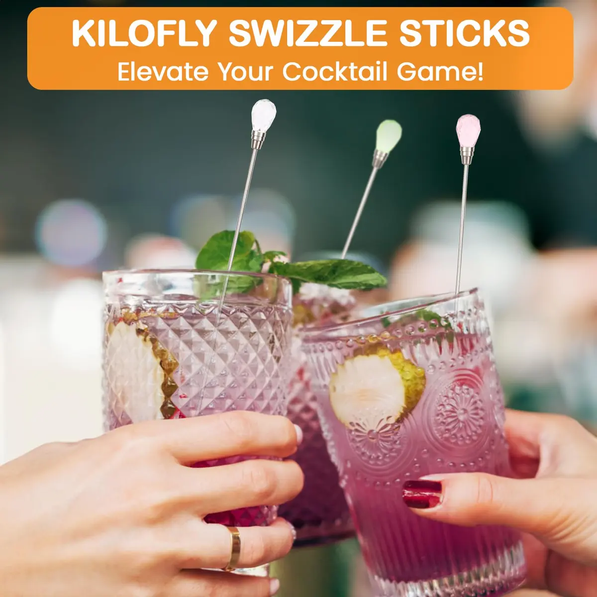 kilofly Rhinestone Party Stir Swizzle Stick Set of 4 | Elegant Stainless Steel Drink Stirrers with Rhinestones - view 5