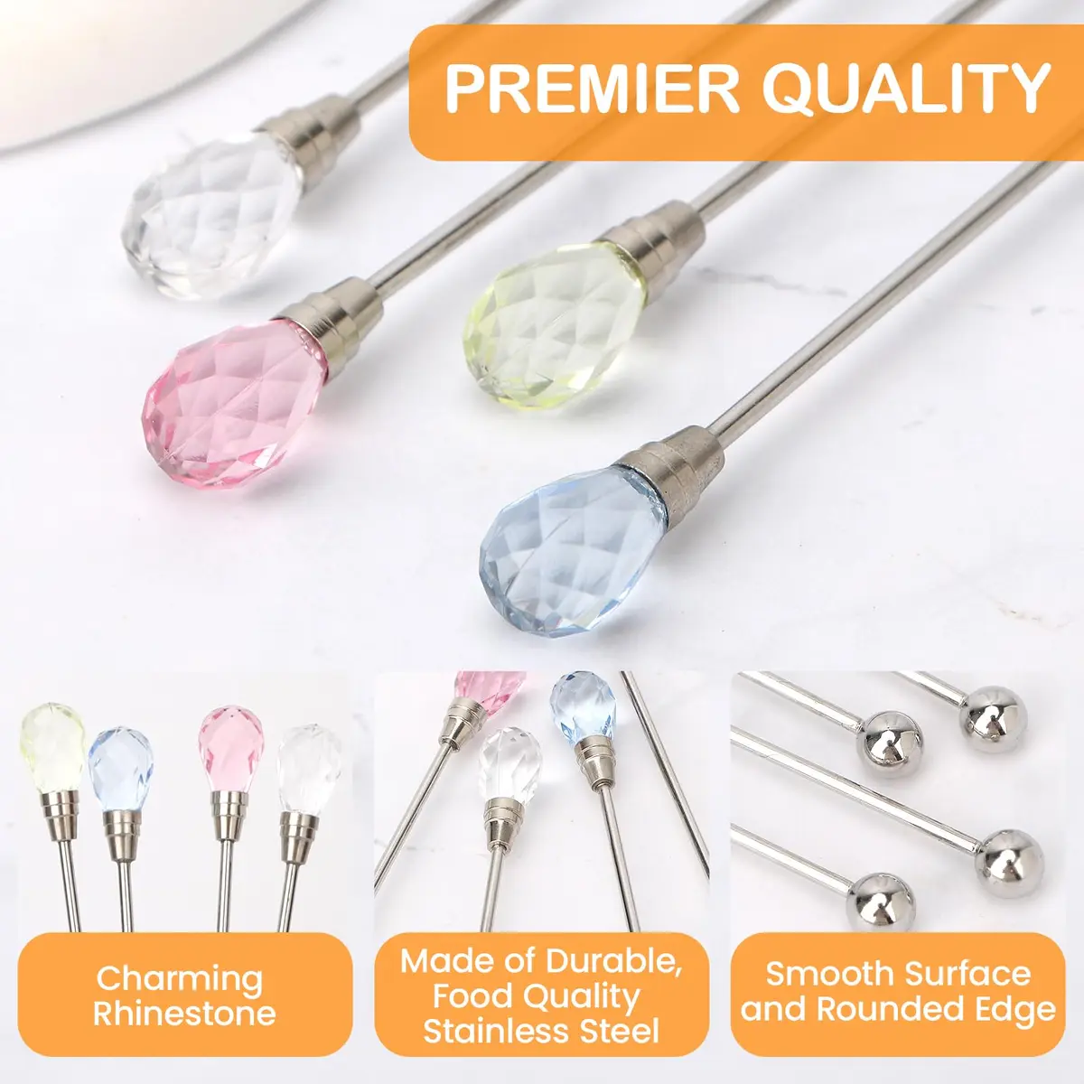 kilofly Rhinestone Party Stir Swizzle Stick Set of 4 | Elegant Stainless Steel Drink Stirrers with Rhinestones - view 3