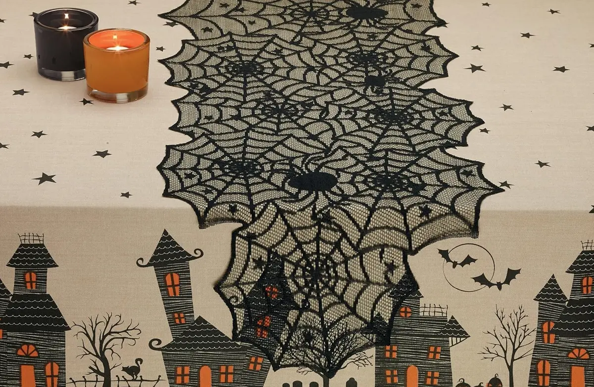 DII Black Lace Overlay Tabletop Collection Gothic Halloween Decor 18x72 | Spider Web - view 2