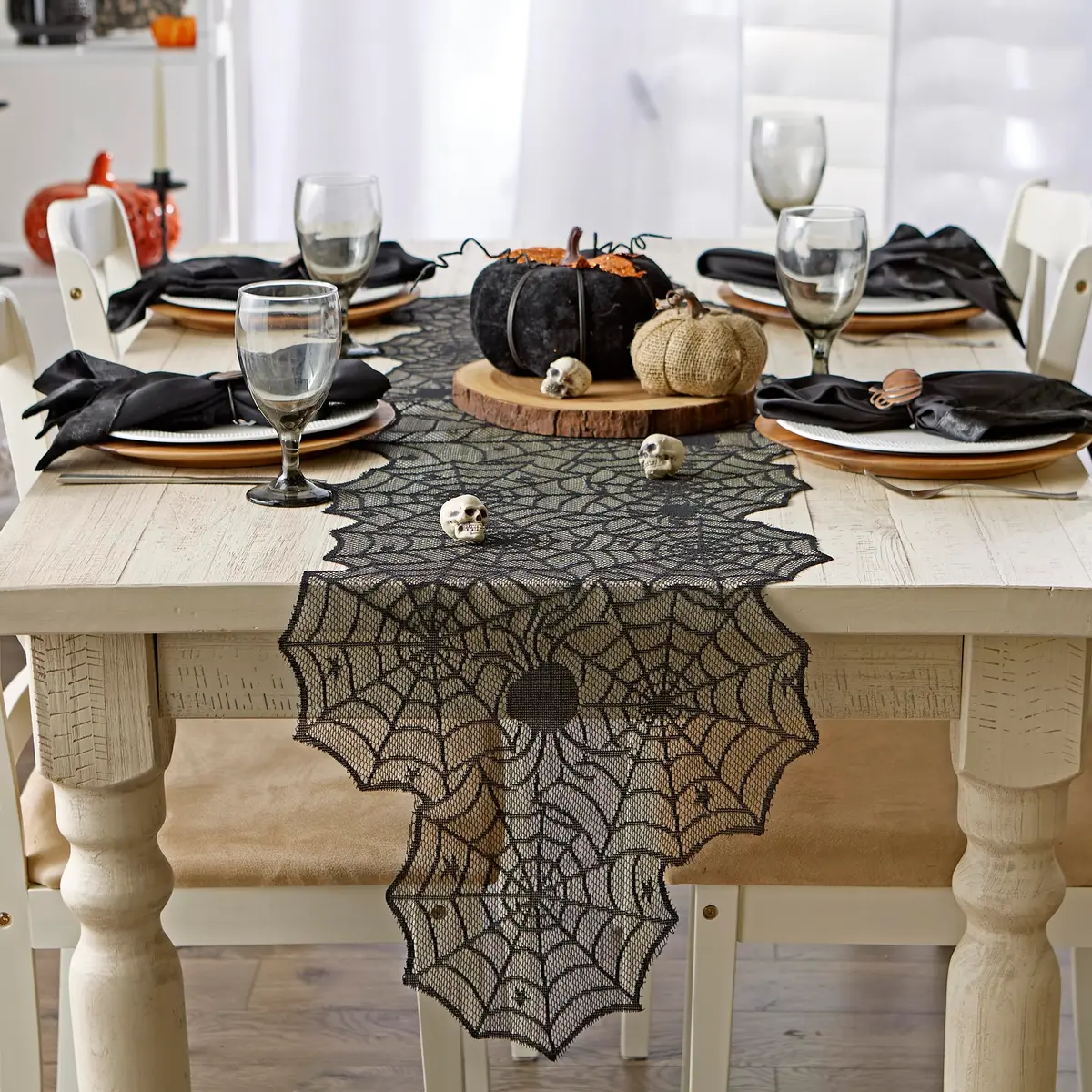 DII Black Lace Overlay Tabletop Collection Gothic Halloween Decor 18x72 | Spider Web - view 3
