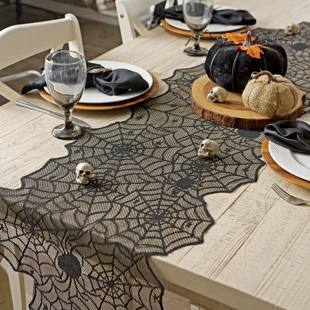 DII Black Lace Overlay Tabletop Collection Gothic Halloween Decor 18x72 | Spider Web - view 4