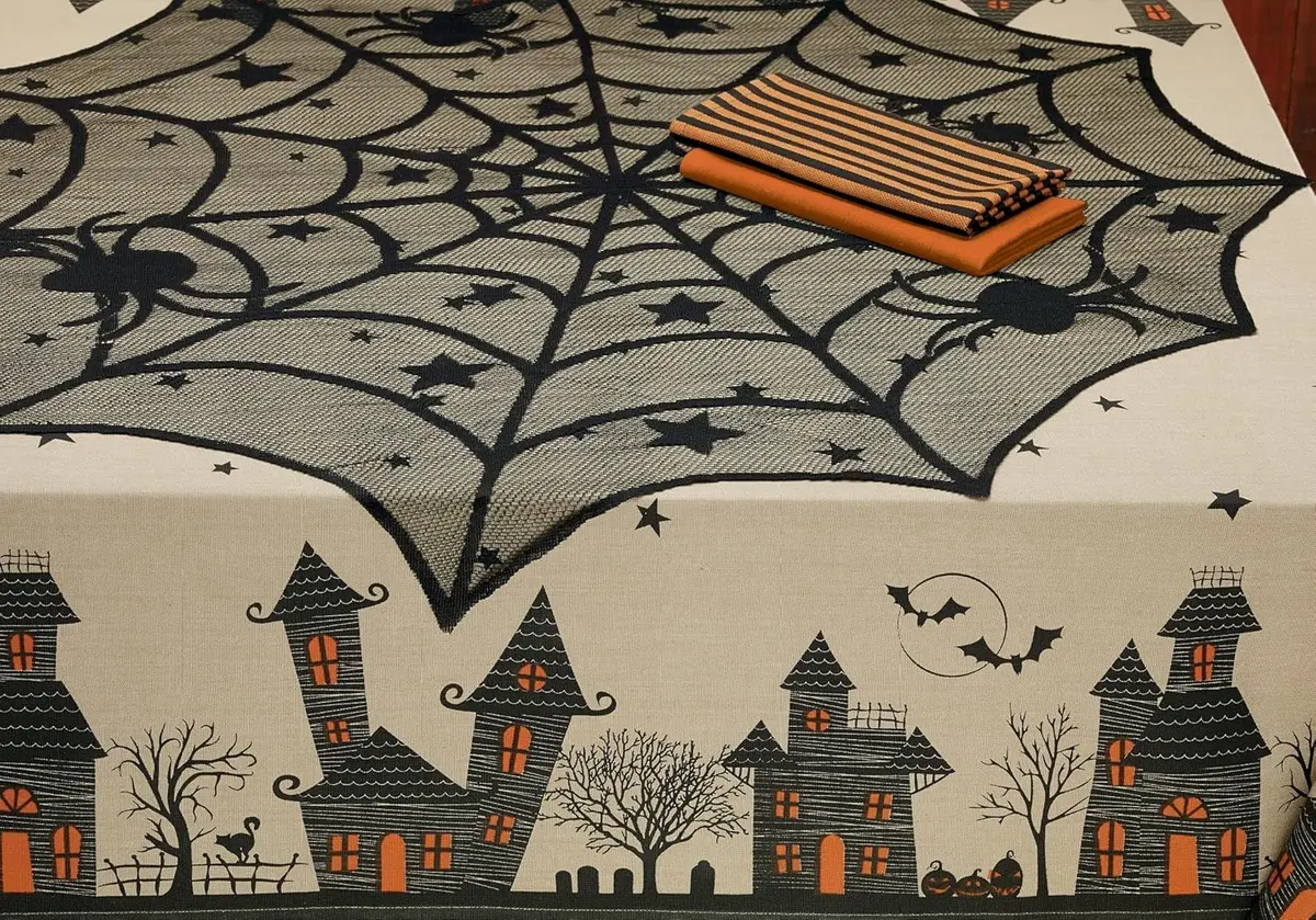 DII Black Lace Overlay Tablecloth 40" Round | Gothic Halloween Spider Web Decor - view 2