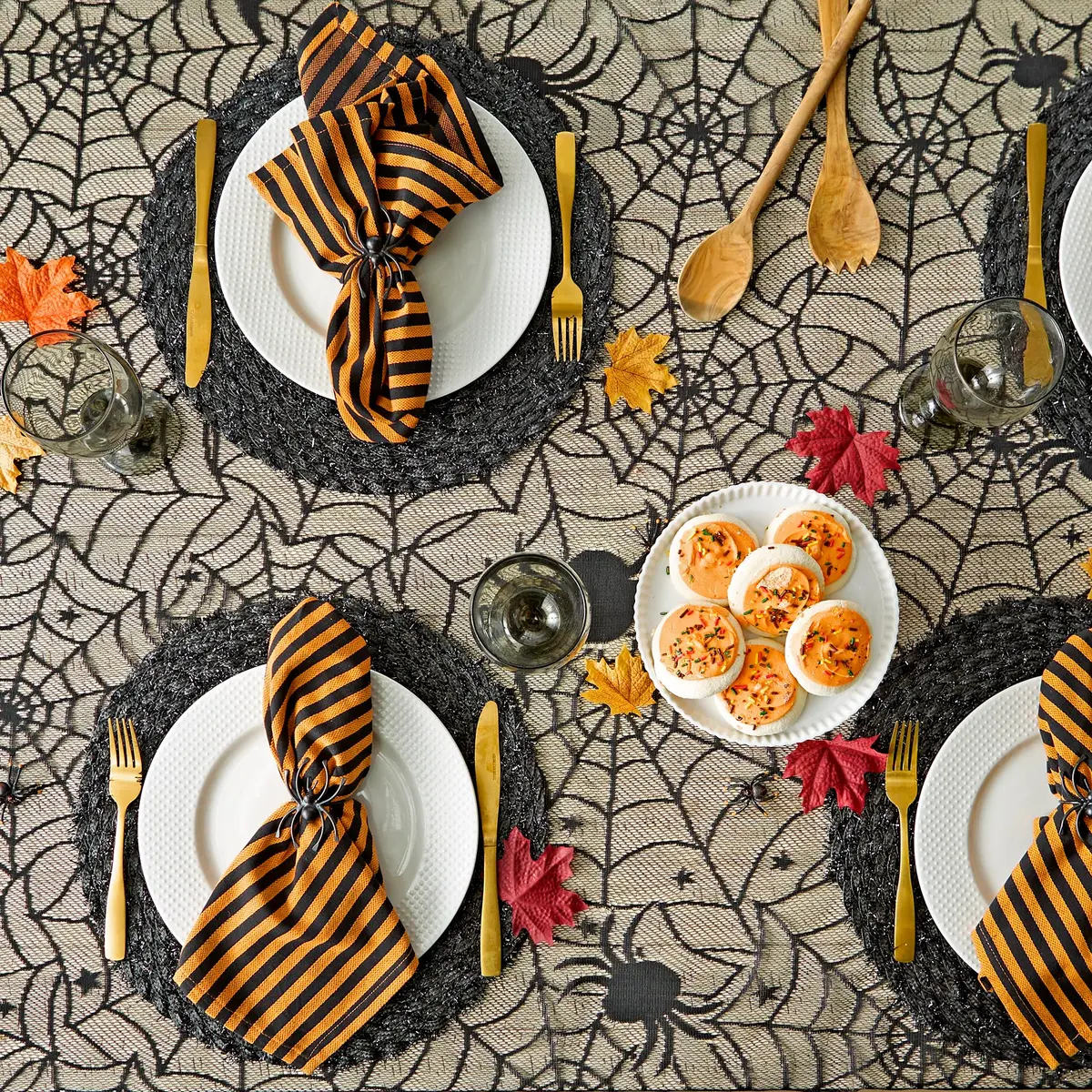 DII Black Lace Overlay Tablecloth 40" Round | Gothic Halloween Spider Web Decor - view 3