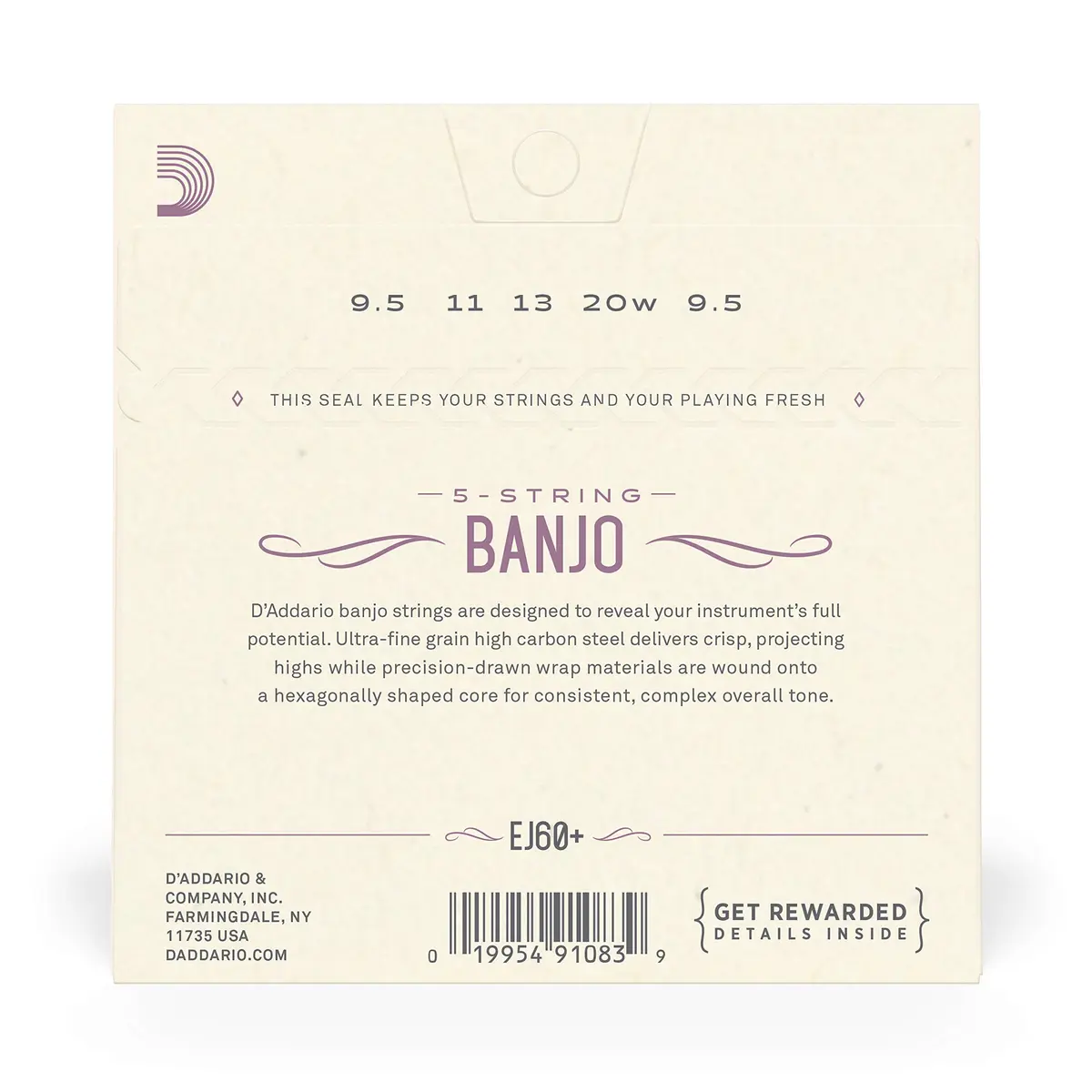 D'Addario EJ60+ Banjo Strings, Nickel-Plated Steel, Light Plus Gauge 9.5-20, 5-String Set (1 Set) - view 3