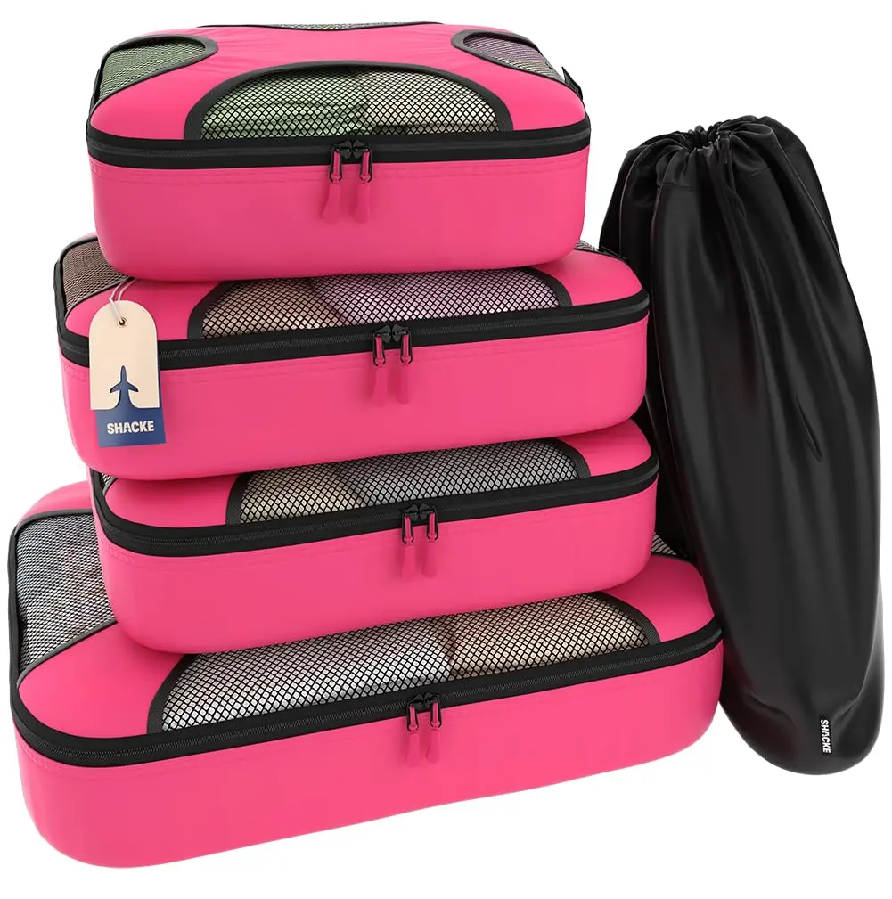 Shacke 5 Set Packing Cubes for Travel with Laundry Bag (Precious Pink) | Water-Resistant Nylon, 4 Deep Cubes, Laundry Separator - main product image