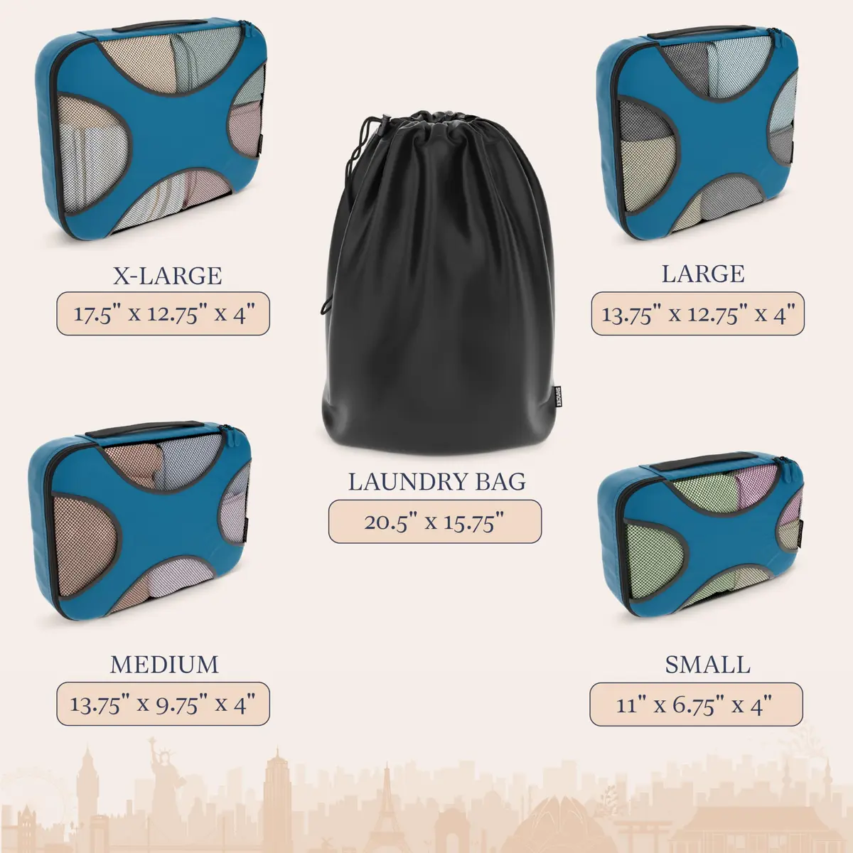 Shacke 5 Set Packing Cubes for Travel with Laundry Bag (Gentlemen's Blue) | Water-Resistant Nylon, 4 Deep Cubes, Laundry Separator - view 4