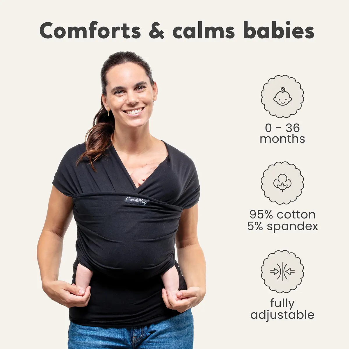 CuddleBug Baby Wrap Carrier, Soft Stretchy Newborn Sling, 7-35 lbs, Black | Hip-Healthy & Ergonomic - view 2