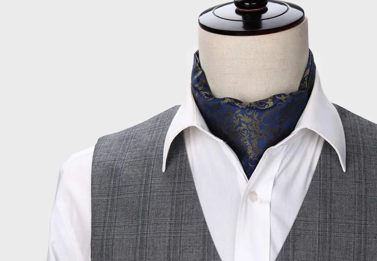 HISDERN Men's Floral Jacquard Woven Ascot Tie Set Navy Blue/Brown | 126cm (49.6") with Pocket Square - view 8