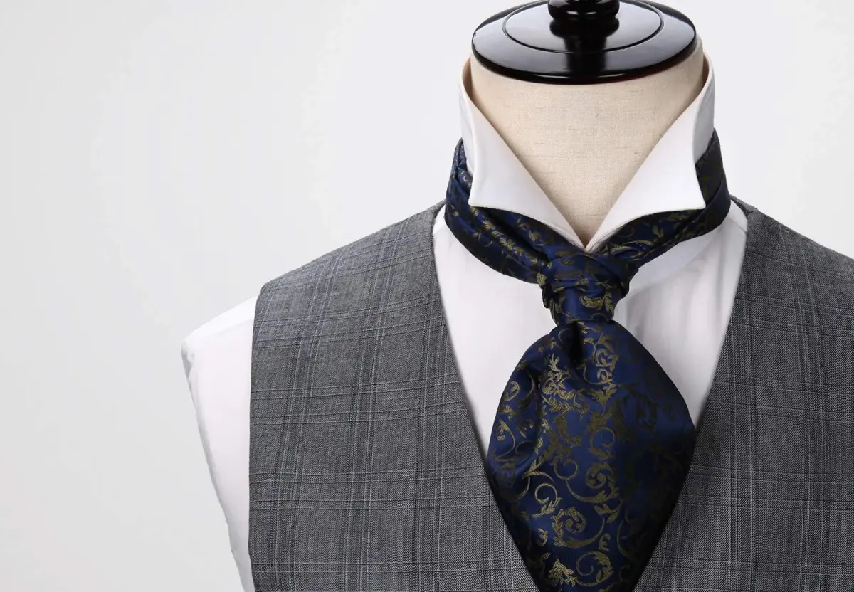 HISDERN Men's Floral Jacquard Woven Ascot Tie Set Navy Blue/Brown | 126cm (49.6") with Pocket Square - view 4