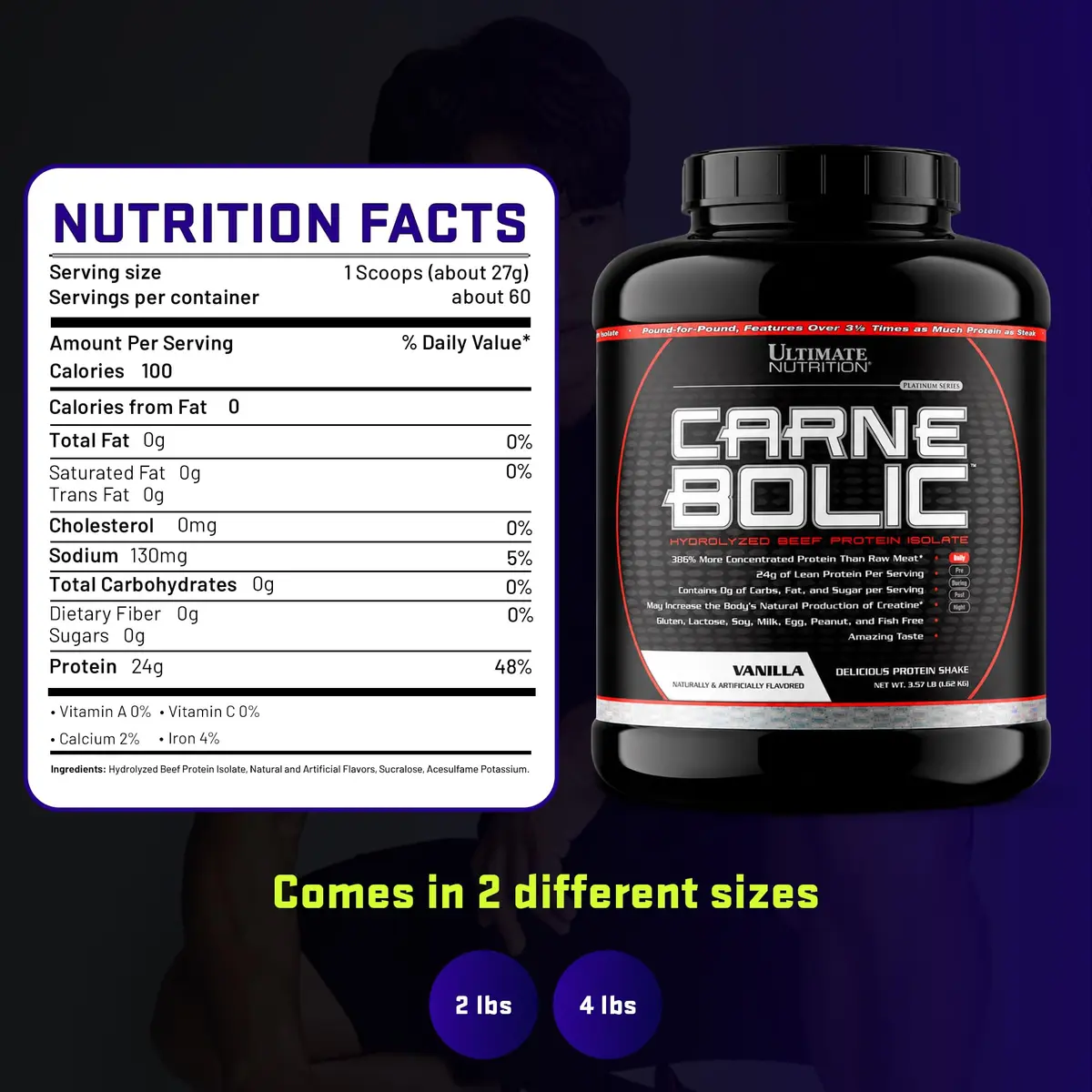 Ultimate Nutrition CarneBOLIC Hydrolyzed Beef Protein Isolate, Vanilla, 4 lb | 24g Protein, Dairy-Free, Zero Carb - view 7