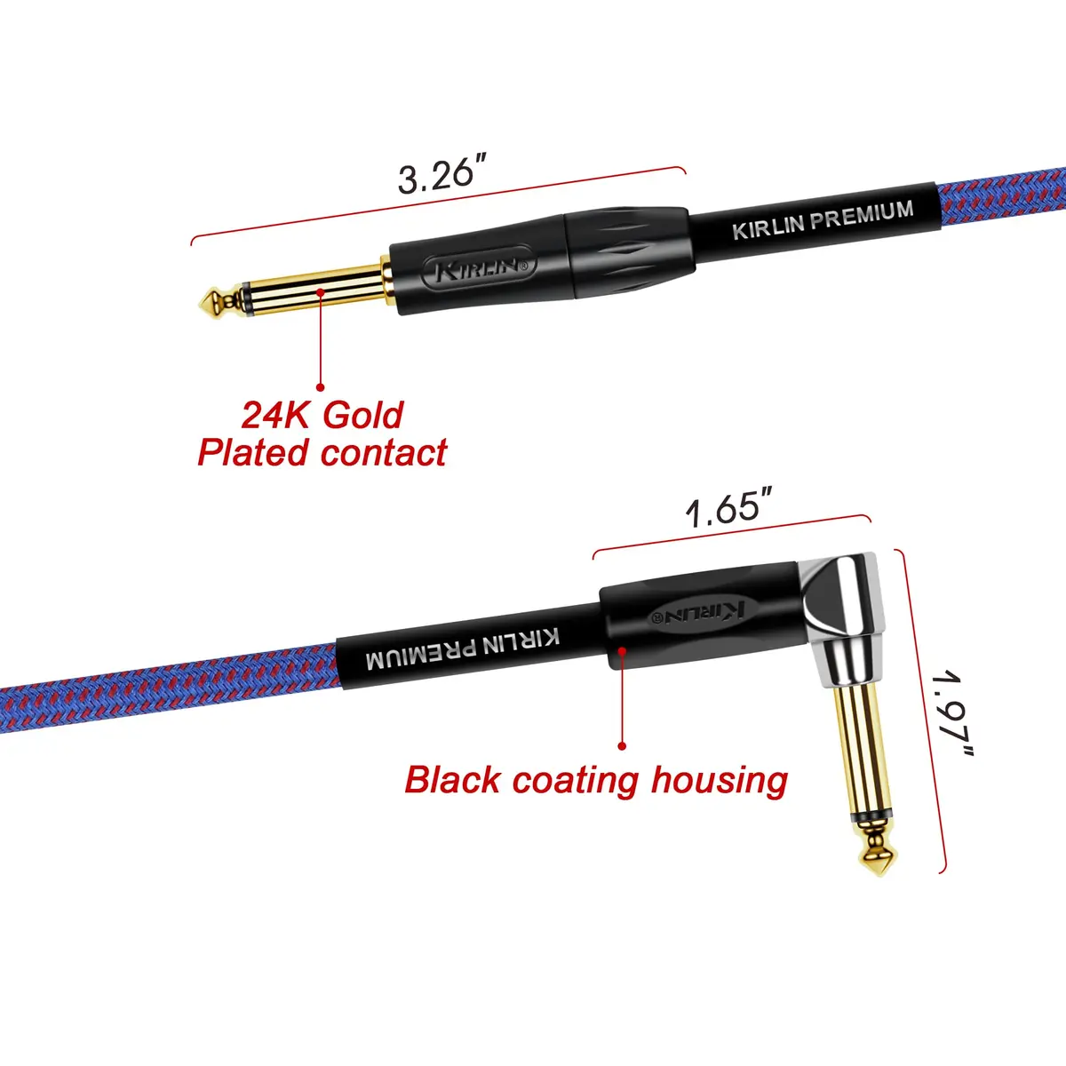 Kirlin Instrument Cable 20 ft Royal Blue Tweed Woven | Heavy Duty 1/4'' Connectors - view 5