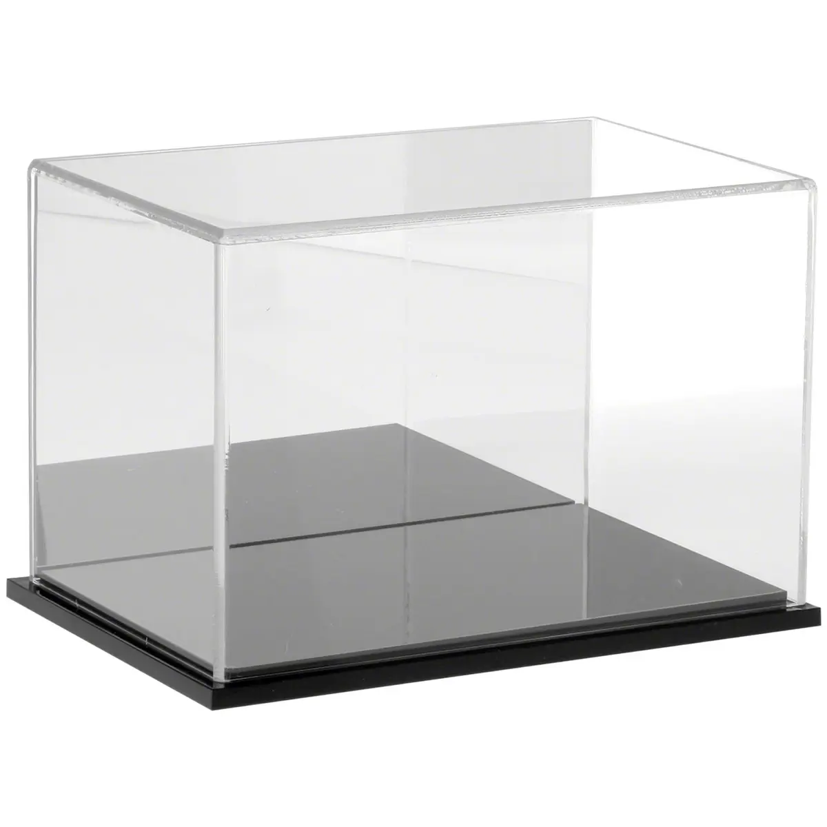 Plymor Clear Acrylic Display Case with Black Base (Mirror Back), 9" W x 6" D x 6" H | Modern showcase for collectibles - main product image