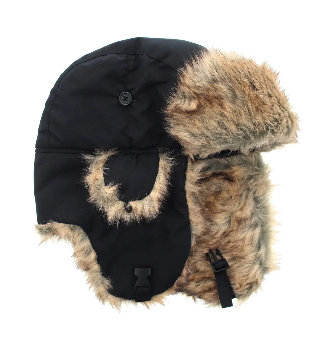 Milani Trapper Style Hunting Aviator Winter Hat with Faux Fur & Chin Strap | Adjustable One Size Black - main product image