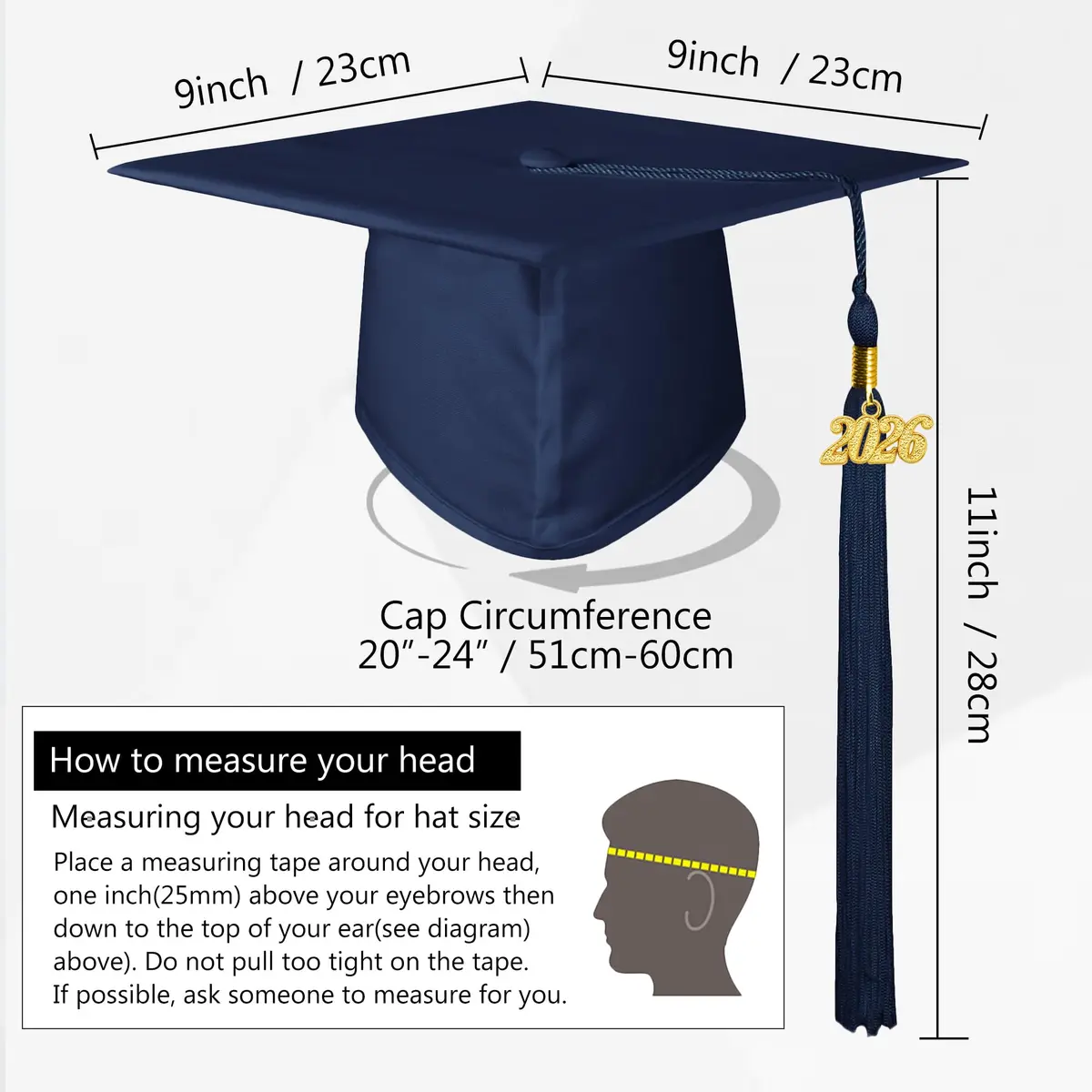GraduationMall Unisex Adult Matte Graduation Cap with 2026 Tassel Navy Blue | Adjustable Elastic Fit - view 4
