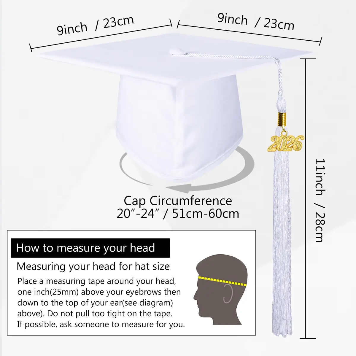 GraduationMall Unisex Adult Matte Graduation Cap with 2026 Tassel White | Adjustable Elastic Fit for Ceremony - view 4