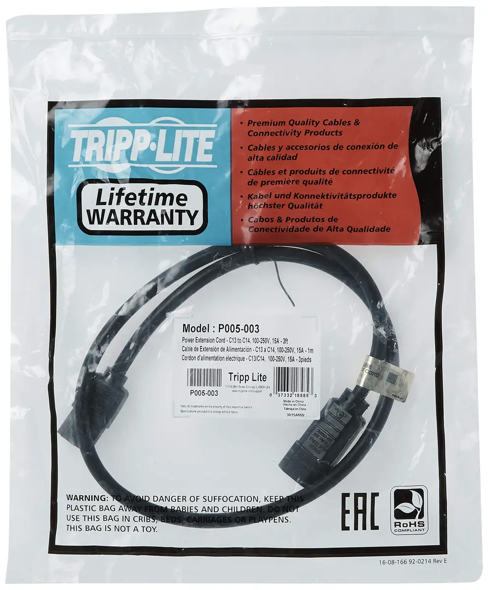 TRIPP LITE Heavy Duty Power Extension Cord 3 ft. (0.91 m) 15A 14AWG C14 to C13 Black | UL Listed & RoHS Compliant - view 4
