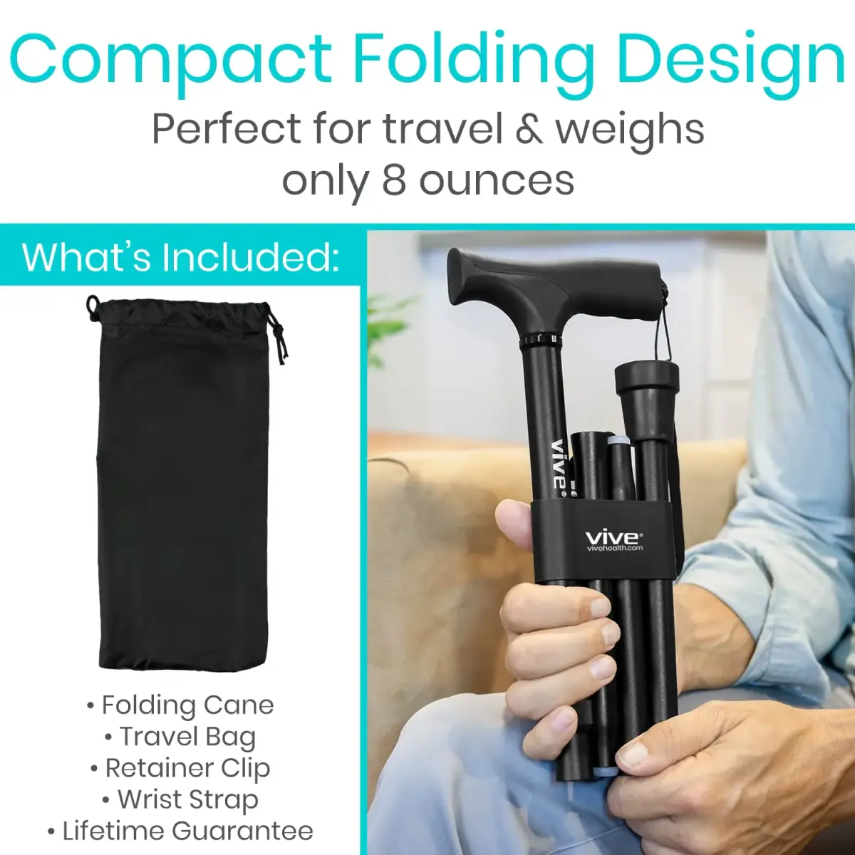 Vive Folding Cane - Adjustable 33"-37" | Lightweight Aluminum Mobility Aid with Ergonomic Grip & Non-Slip Tip - view 2