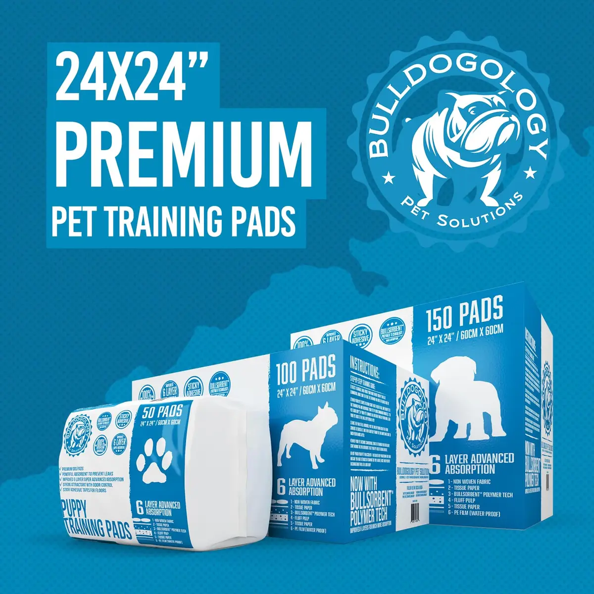 Bulldogology Puppy Training Pads - 100-Count Large Leak-Proof Pee Pads with 6 Layers & Quick Dry Polymer (24x24 inches) - view 8